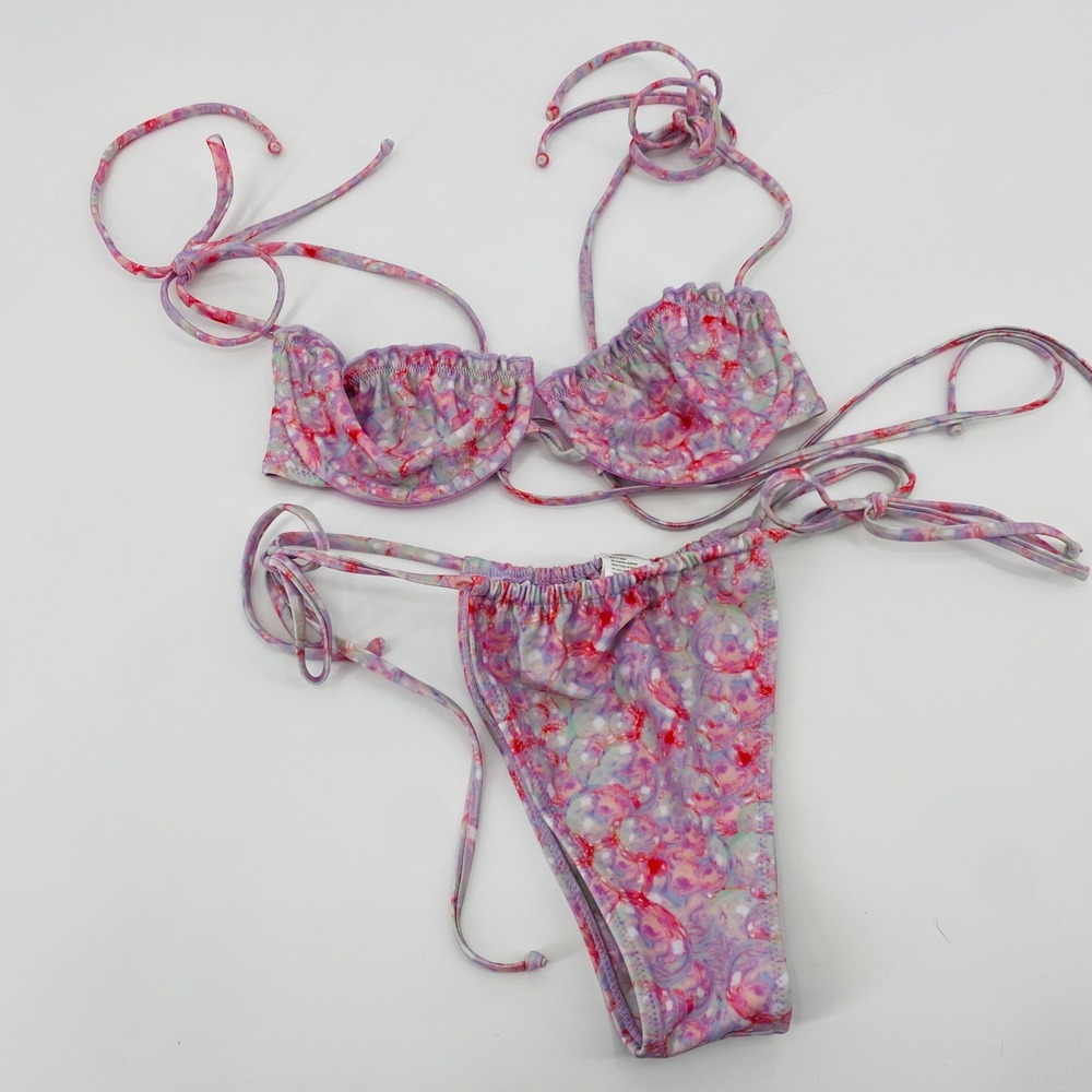 Strawberry Milk Mob Bikini Set Womens Small Purple Pink rainbow fish Underwire - Picture 2 of 6